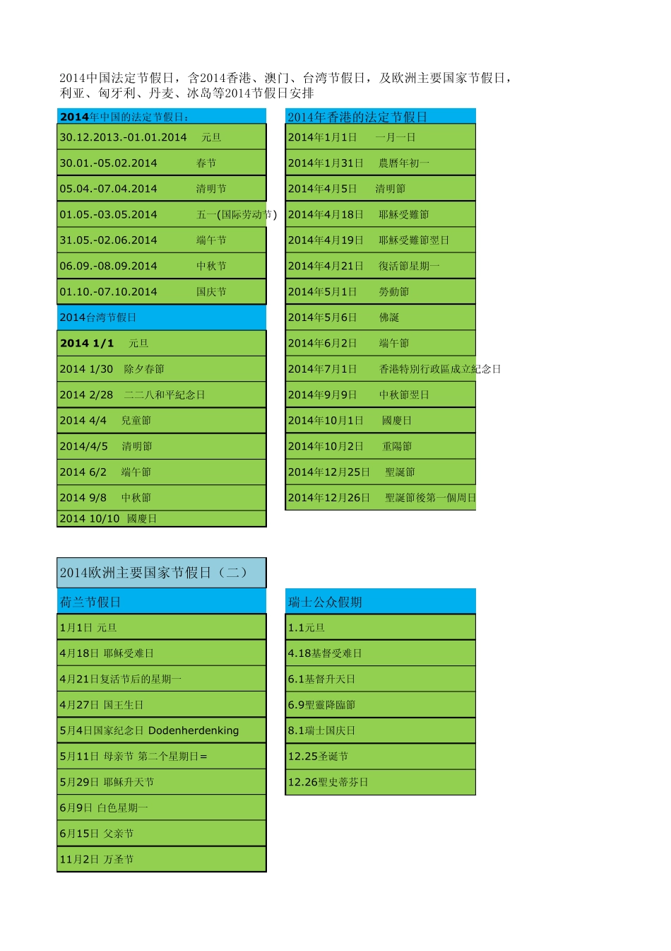 2014中国及欧洲各国美国节假日_第1页