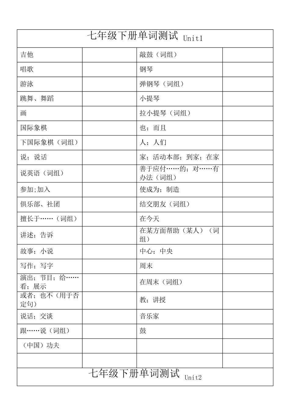 2014人教版英语七年级下册单词测试表_第1页