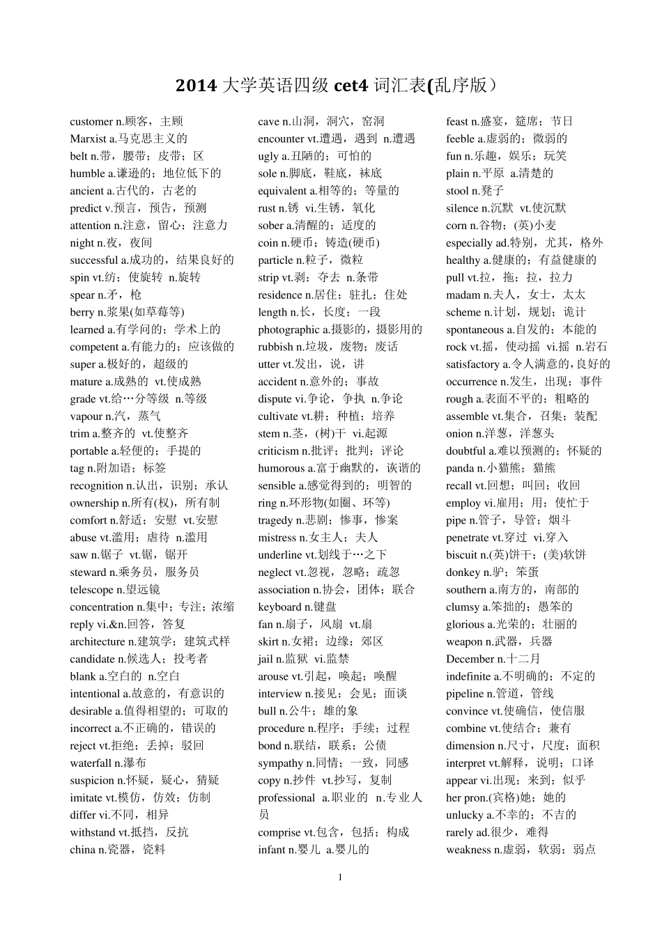 2014大学英语四级cet4词汇表(乱序版)_第1页