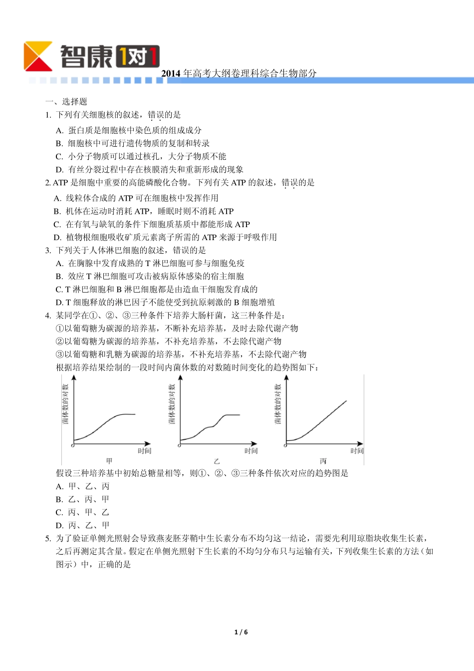 2014大纲卷高考真题生物(含解析)_第1页