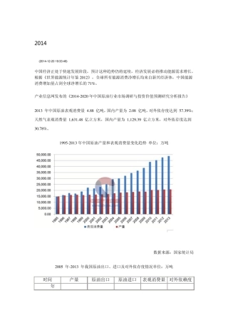 2014年中国原油行业产量和表观消费量发展现状