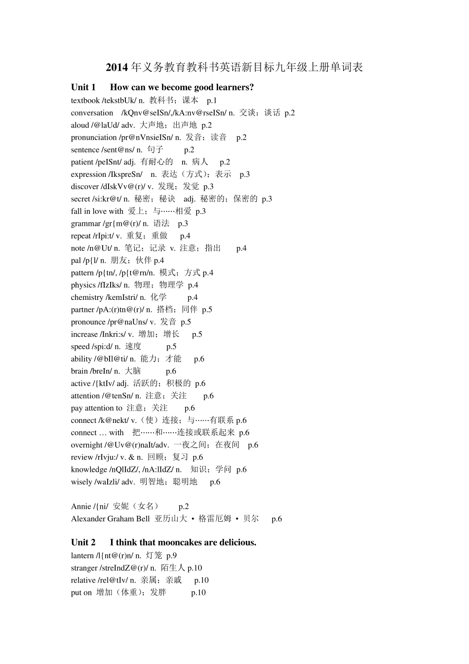 2014年义务教育教科书英语新目标九年级上册单词表_第1页