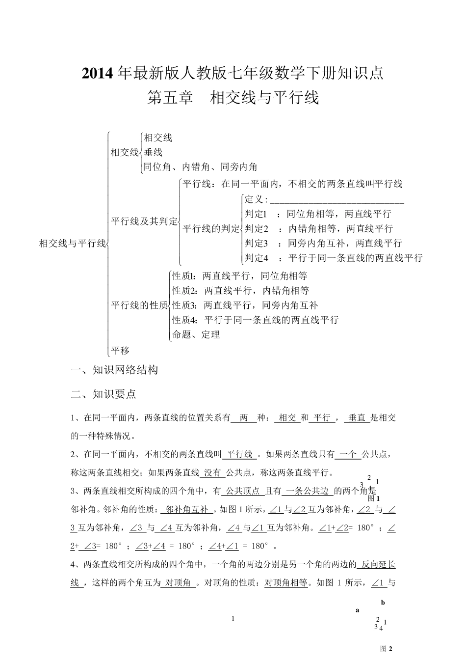 2014年人教版七年级数学下册知识点总结[最新精心整理含答案版]_第1页