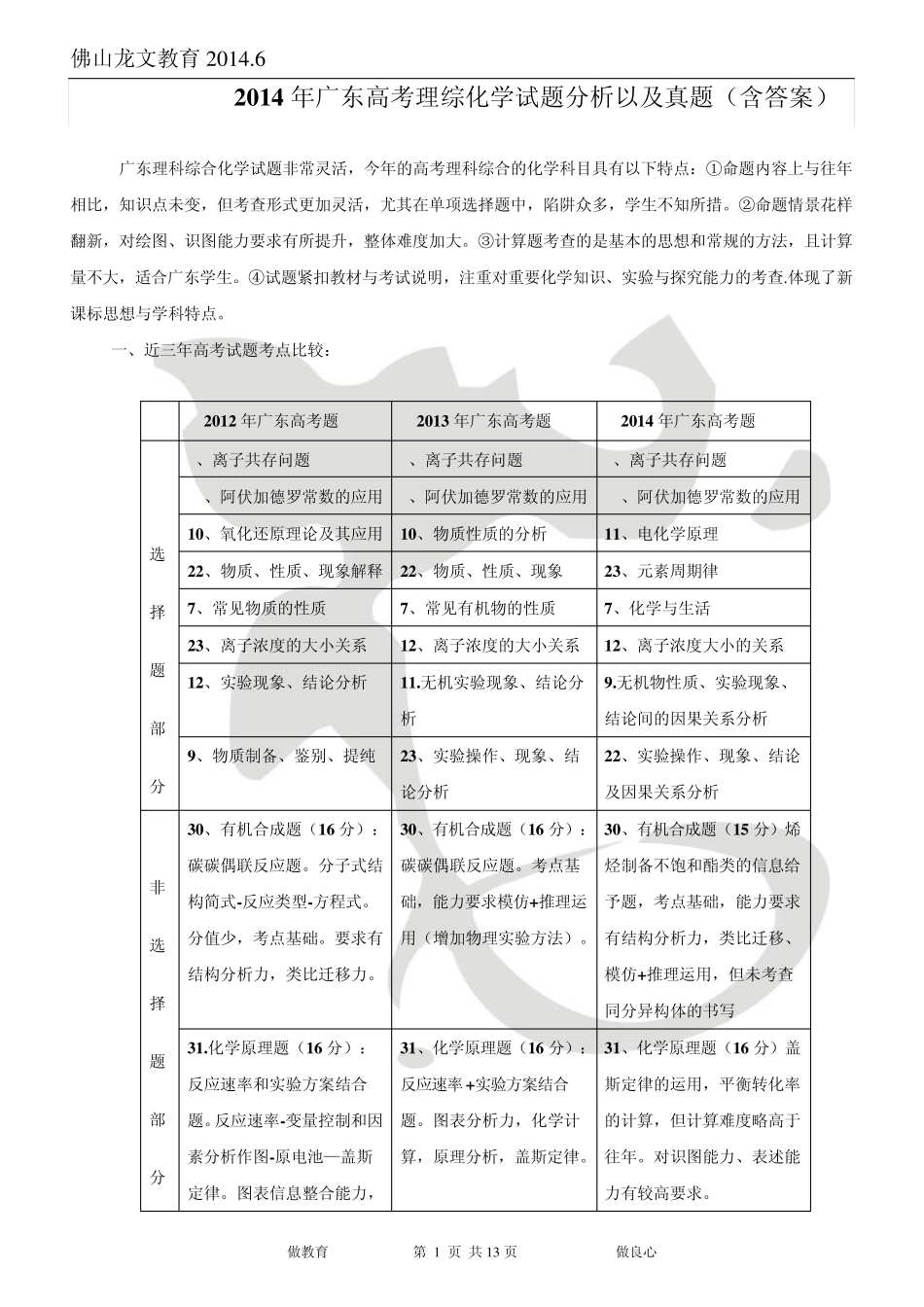 2014年广东高考化学试卷分析以及真题_第1页