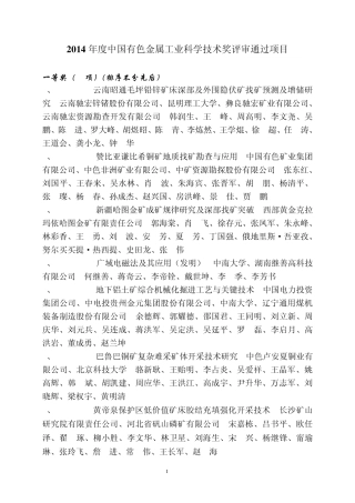 2014年度中国有色金属工业科学技术奖评审通过项目