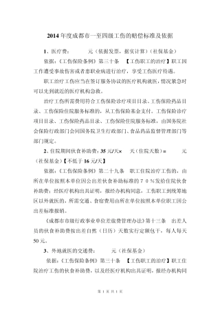2014年度成都市一、二、三、四级工伤的赔偿标准及依据
