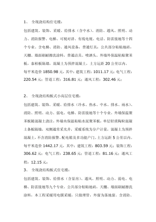 2014年建筑工程造价单方指标汇总