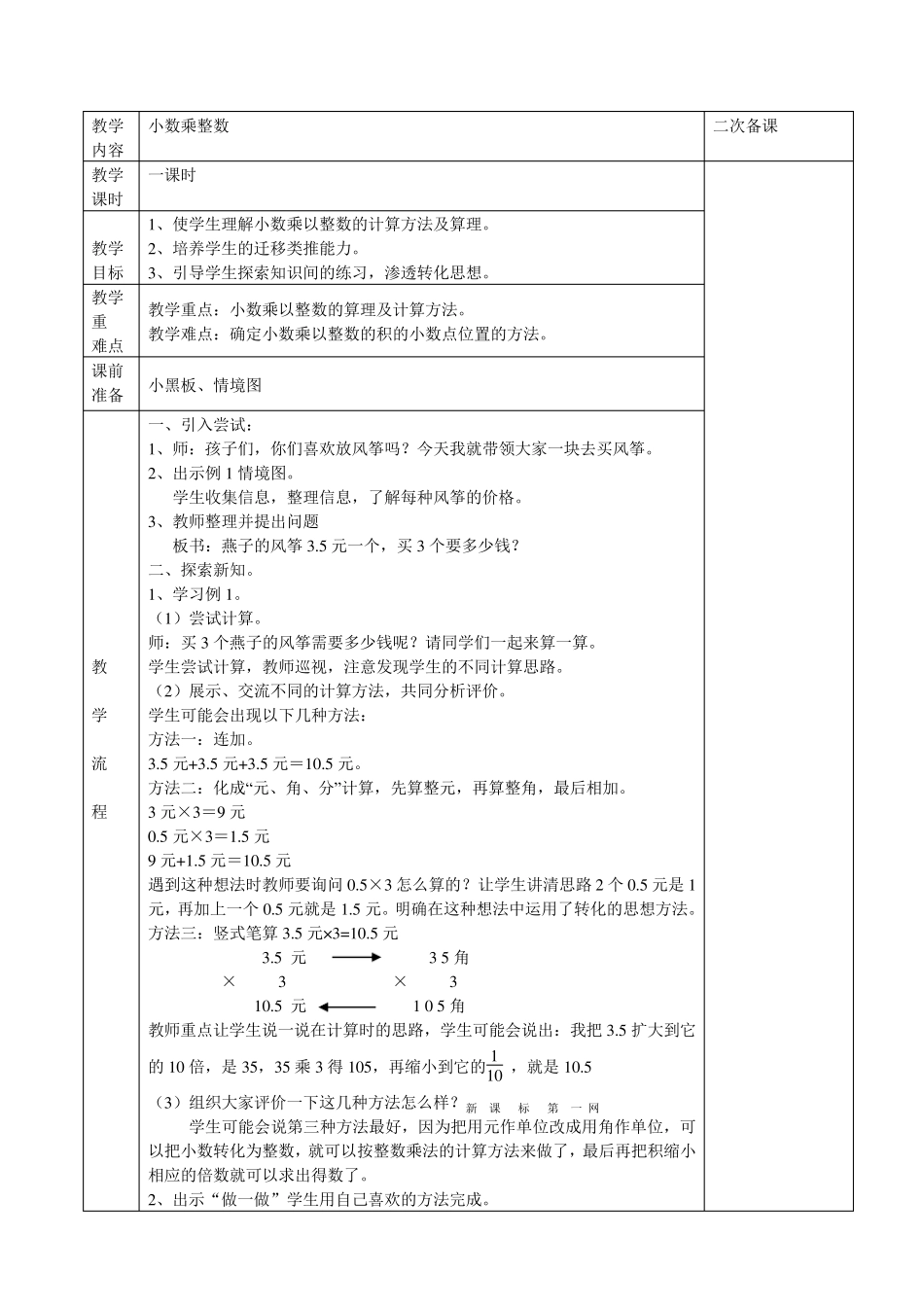 2014年新课标人教版五年级数学上册第一单元小数乘法教案_第2页