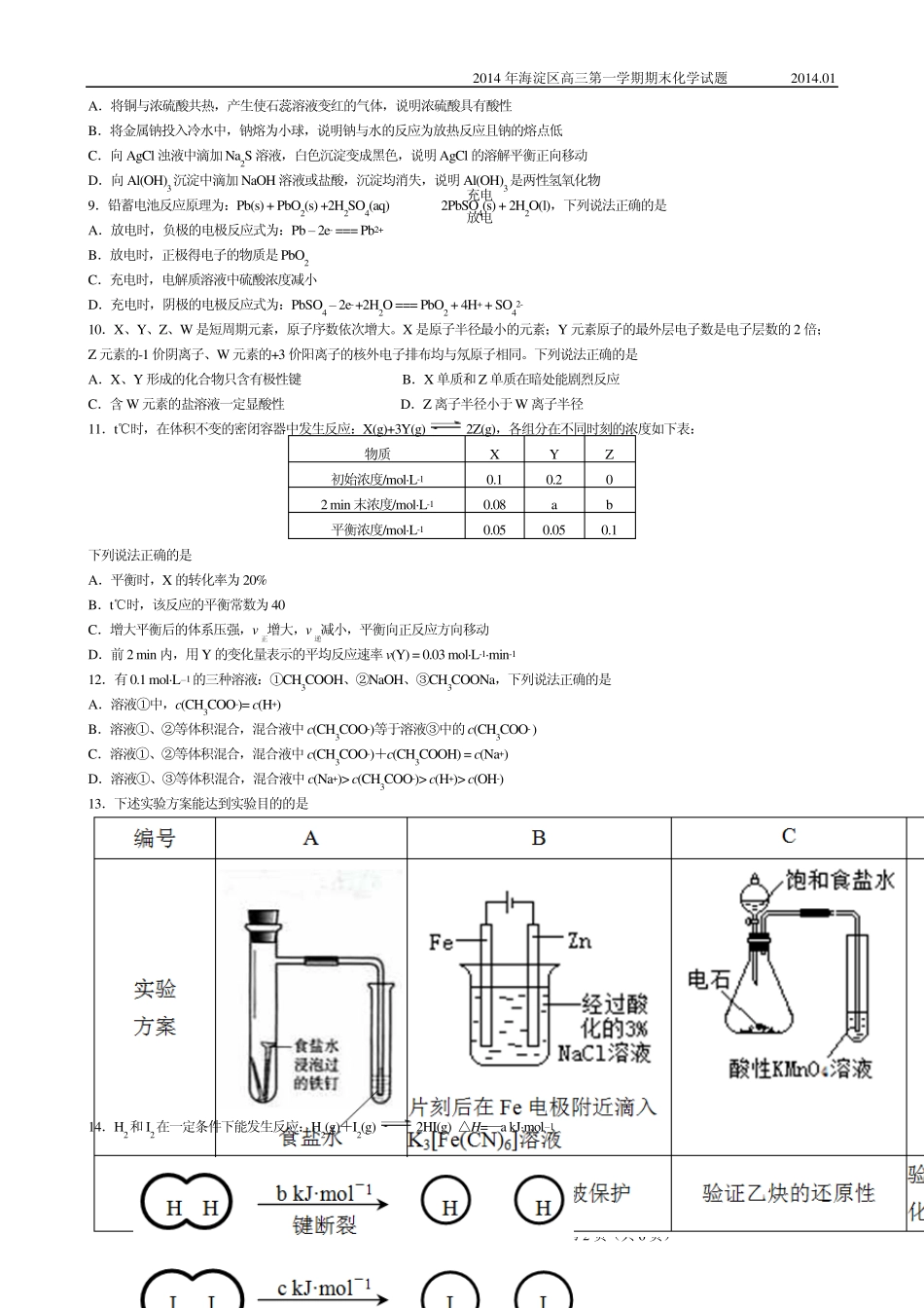 2014年海淀区高三期末化学试题_第2页