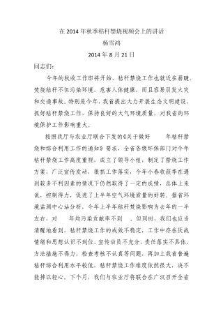2014年秋季秸秆禁烧视频会上的讲话