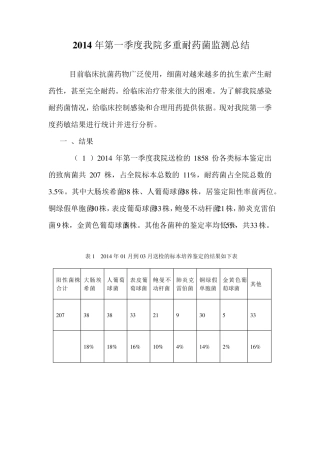 2014年第一季度耐药菌目标性见监测总结