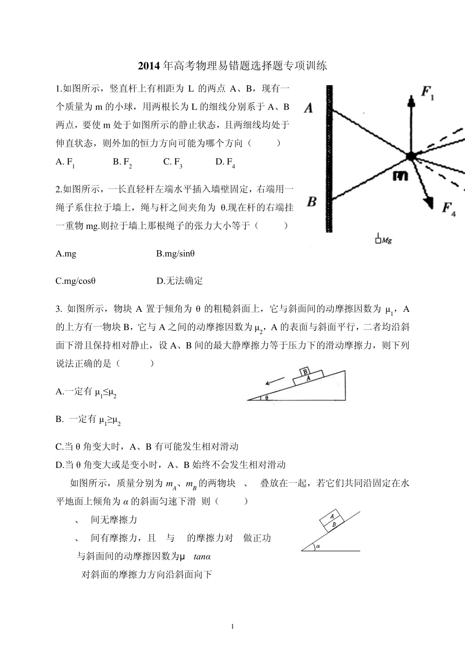 2014年高考物理易错题选择题专项训练_第1页