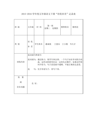 20152016学年度五年级语文培优辅差记录表