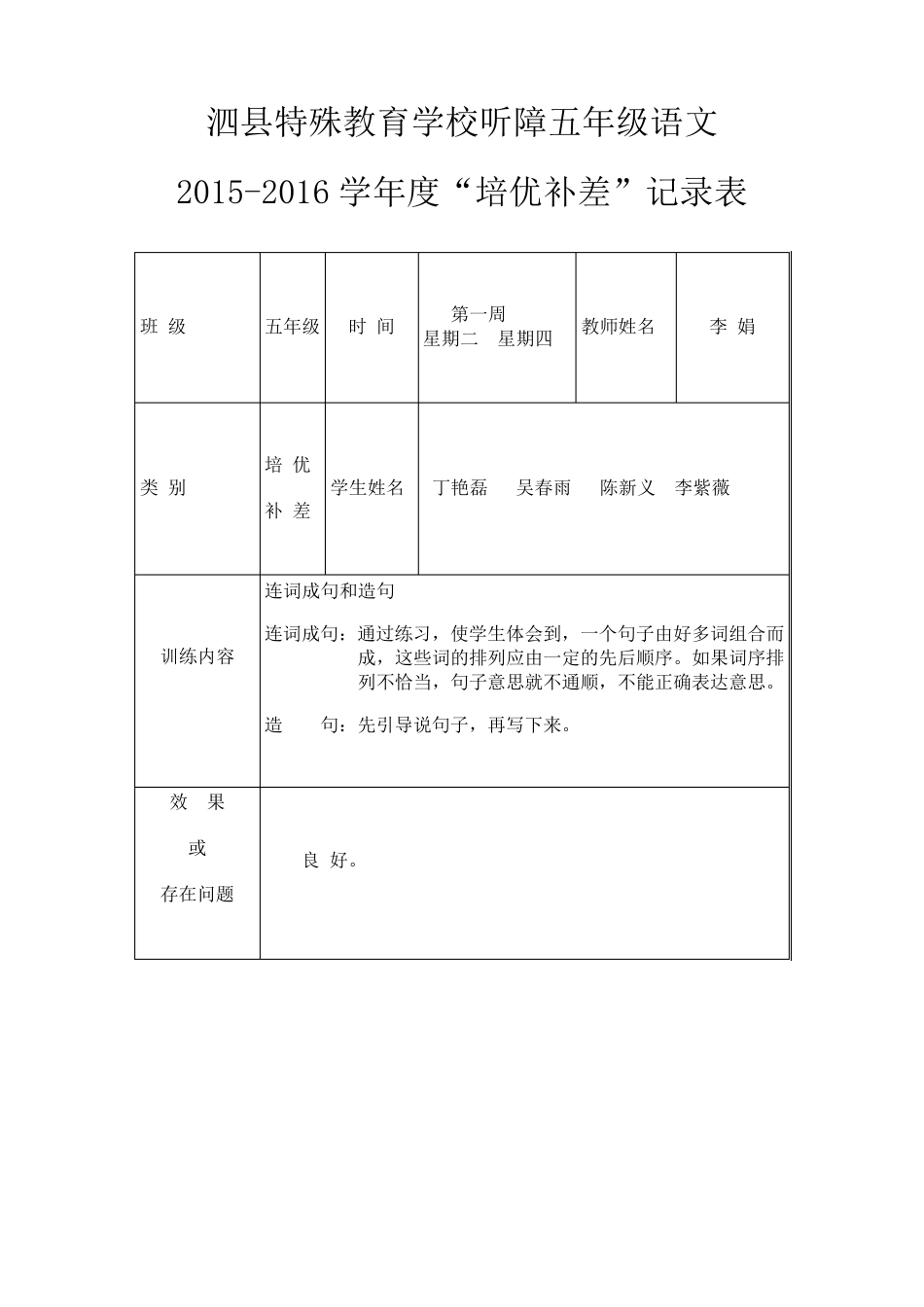 20152016学年度五年级语文培优辅差记录表__第1页