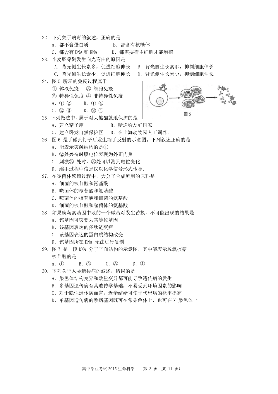 2015上海高中生物学业水平考试真题及答案_第3页