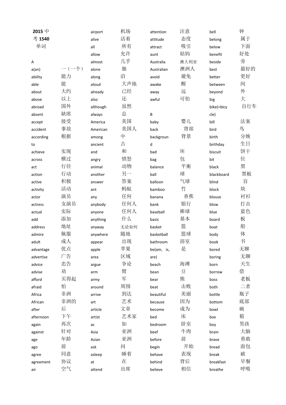 2015北京中考英语1540单词Word版中英对照版_第1页