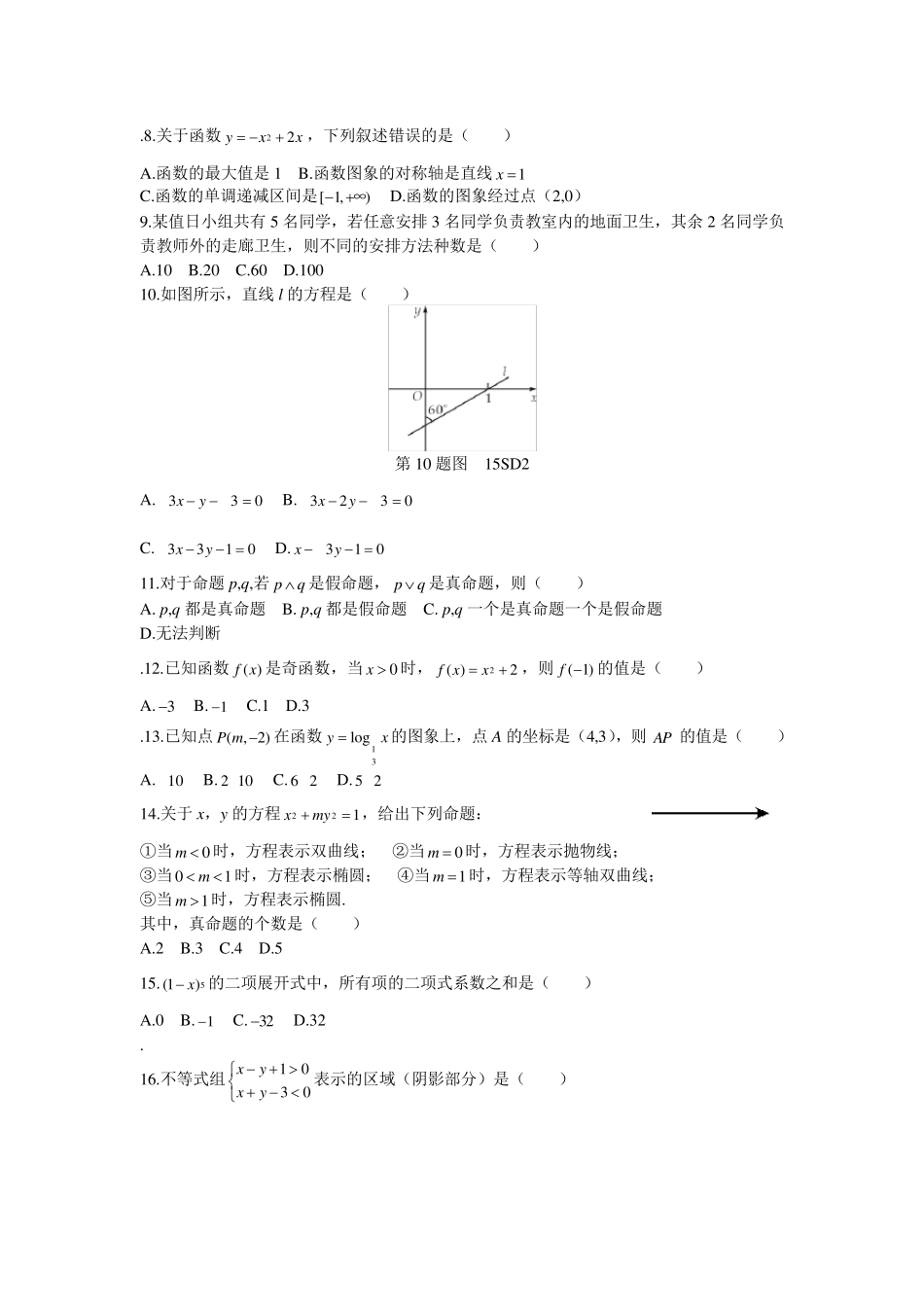 2015山东春季高考数学试题(前试题后答案)_第2页
