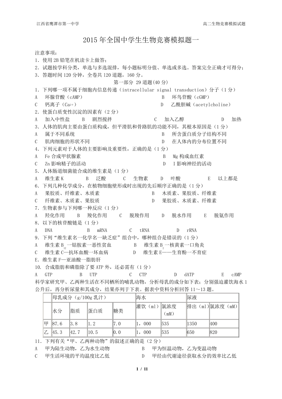 2015年全国中学生生物竞赛模拟题一及答案_第1页
