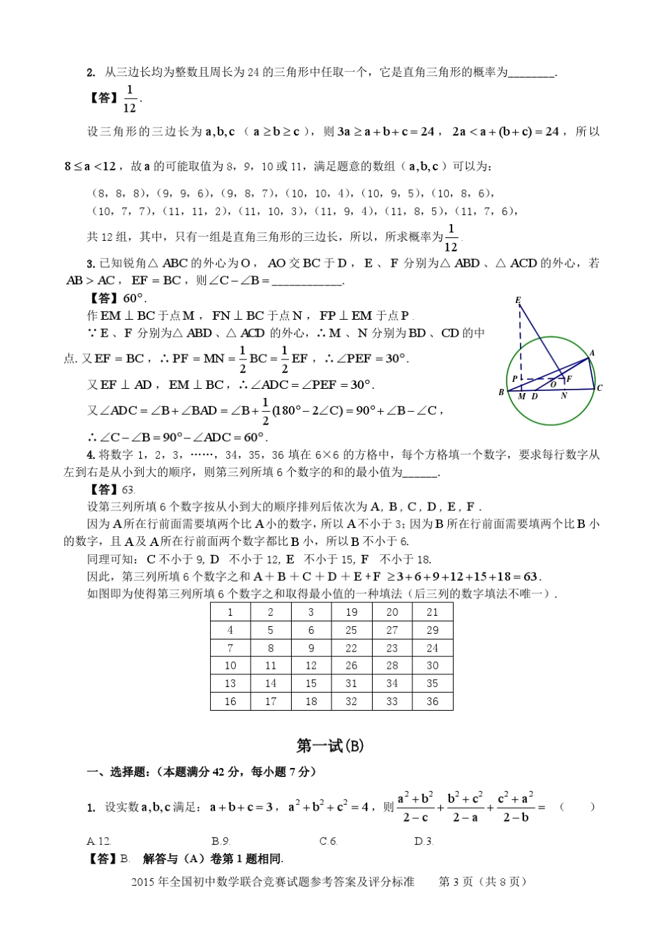 2015年全国初中数学联合竞赛试题参考答案和评分标准_第3页