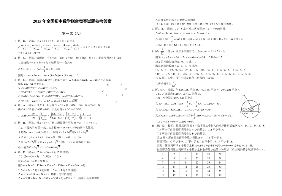 2015年全国初中数学联合竞赛试题及参考答案_第3页