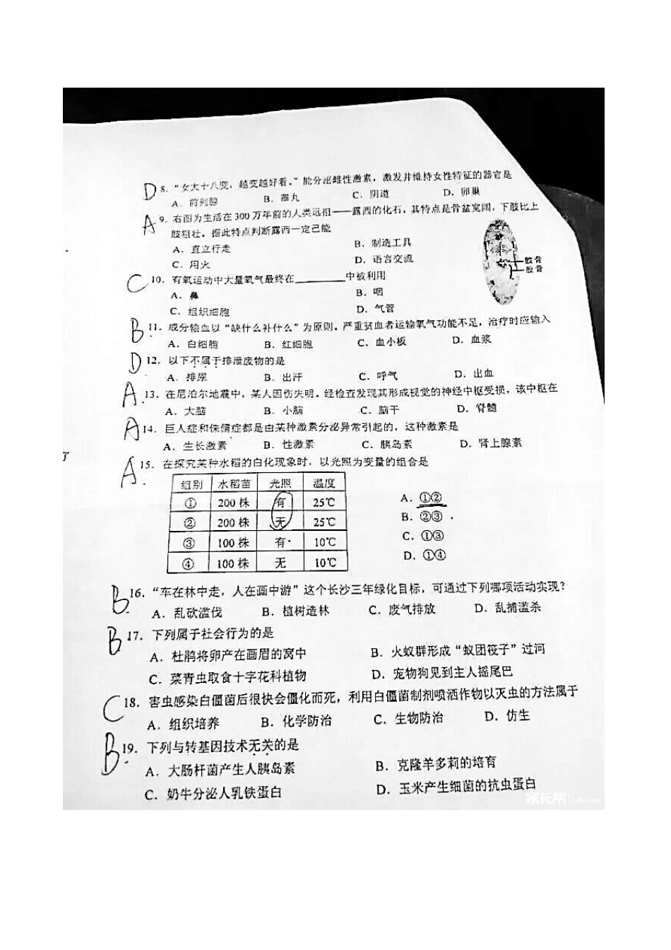2015年长沙市初中生物毕业会考试题及答案_第2页