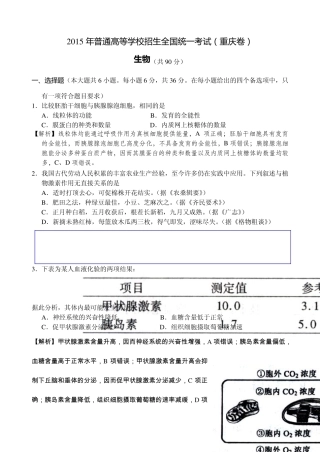 2015年高考生物试题及答案(重庆卷)