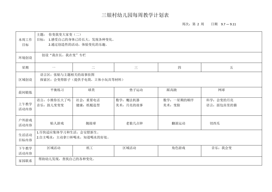 2015幼儿园大班每周教学计划表第一学期_第2页