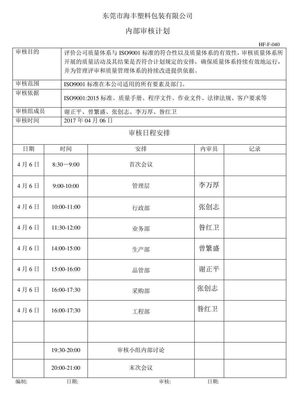 2015版体系内审记录_第1页