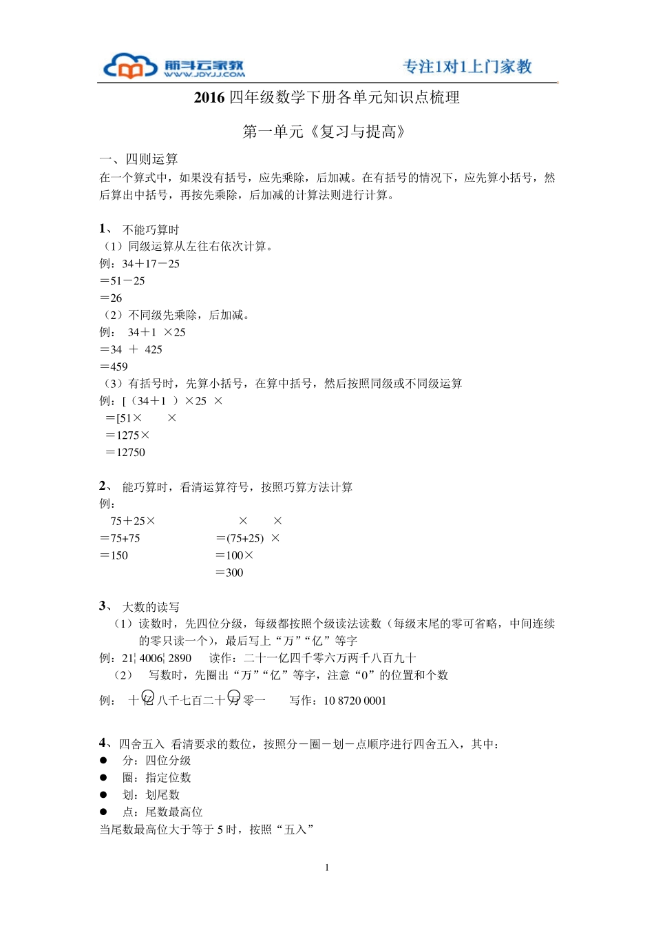 2016上海四年级数学下册各单元知识梳理_第1页