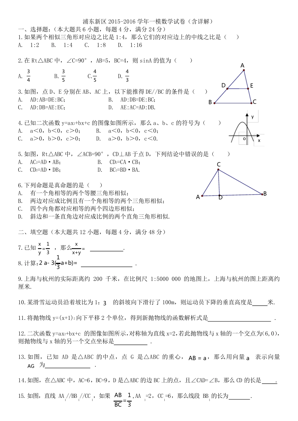 2016上海市浦东新区一模数学试卷word(详解版)_第1页