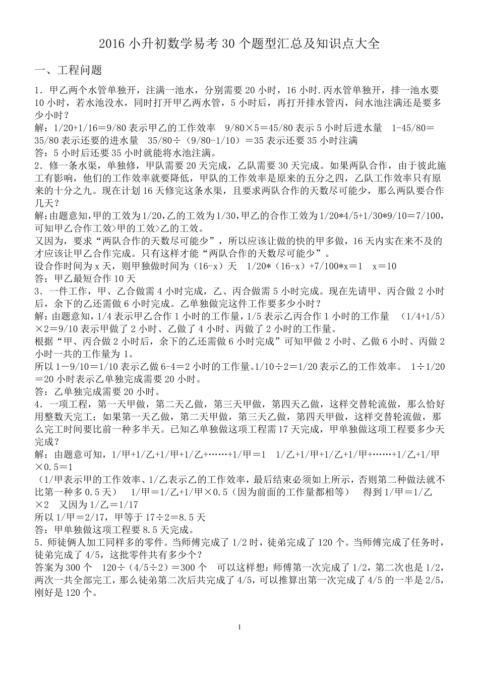 2016小升初数学易考30个题型汇总及知识点大全_第1页