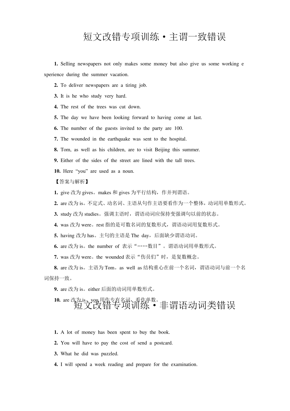 2016届高考英语短文改错之语法分类项单句改错主谓一致错误专项训练_第1页