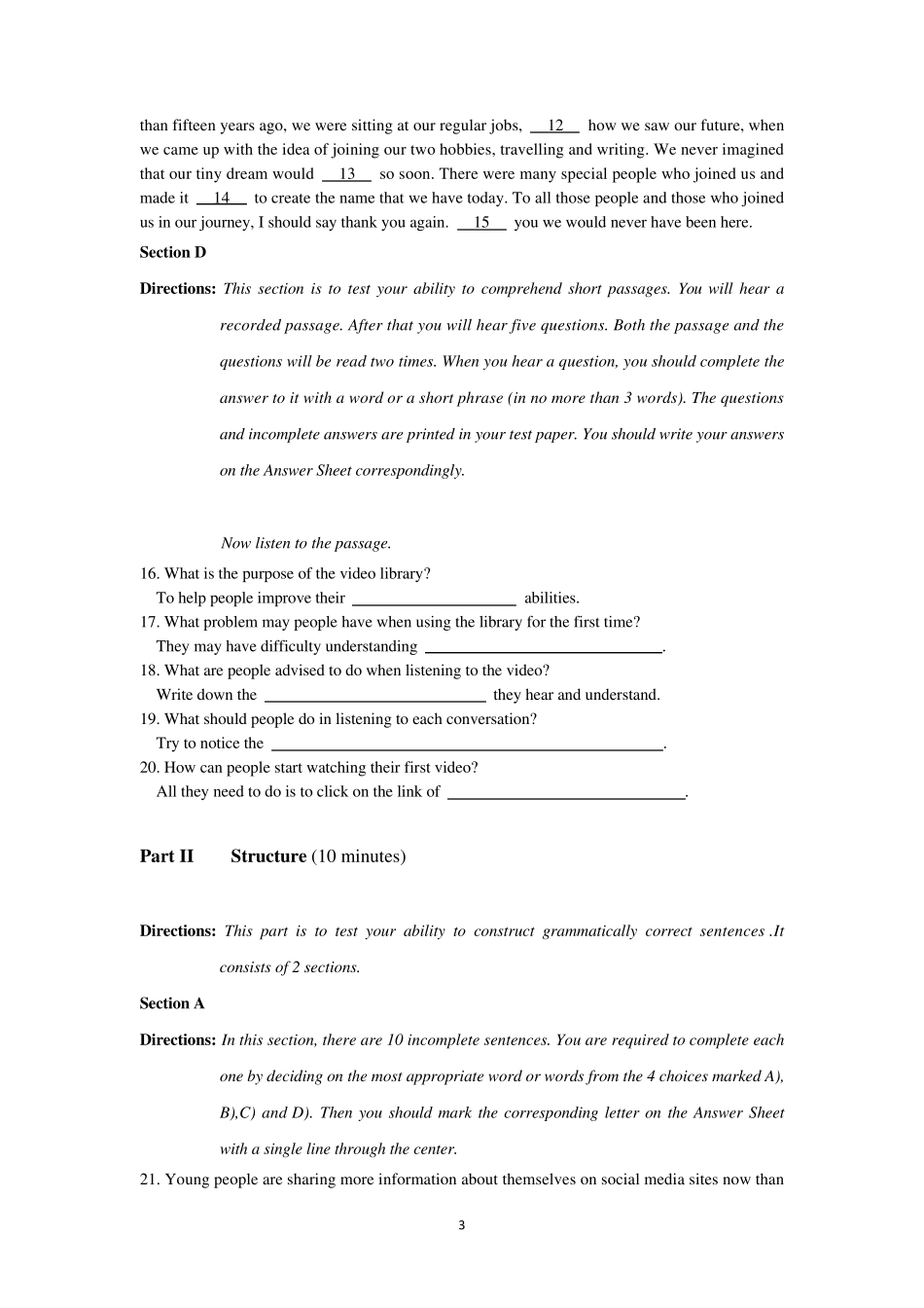 2016年6月高等学校英语应用能力考试A级试题_第3页