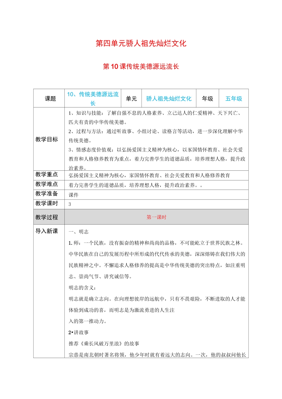 2020年秋季部编版五年级上册《道德与法治》第10课《传统美德源远流长》教学设计教案_第1页