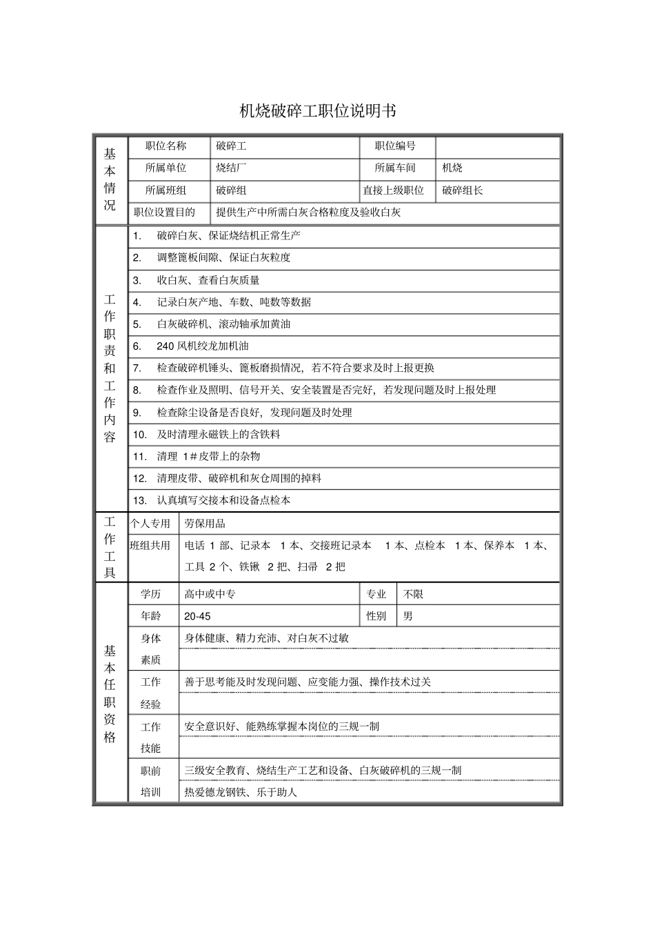 机烧破碎工职位说明书_第1页