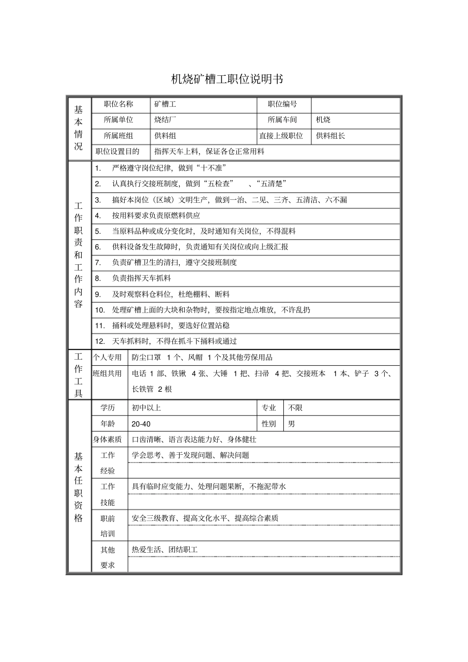 机烧矿槽工职位说明书_第1页