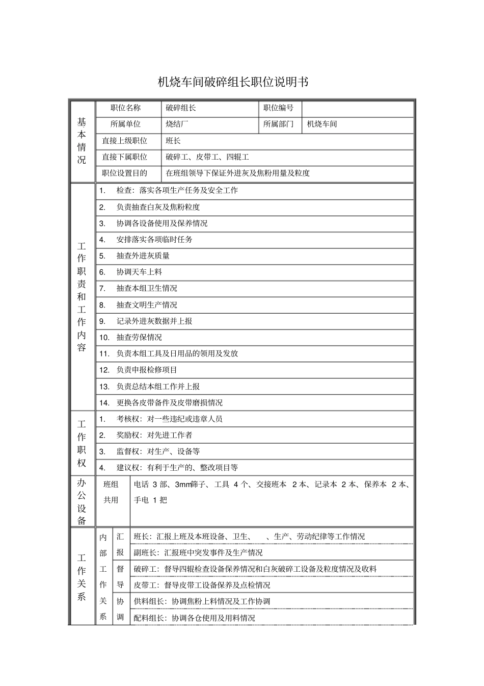 机烧车间破碎组长职位说明书_第1页