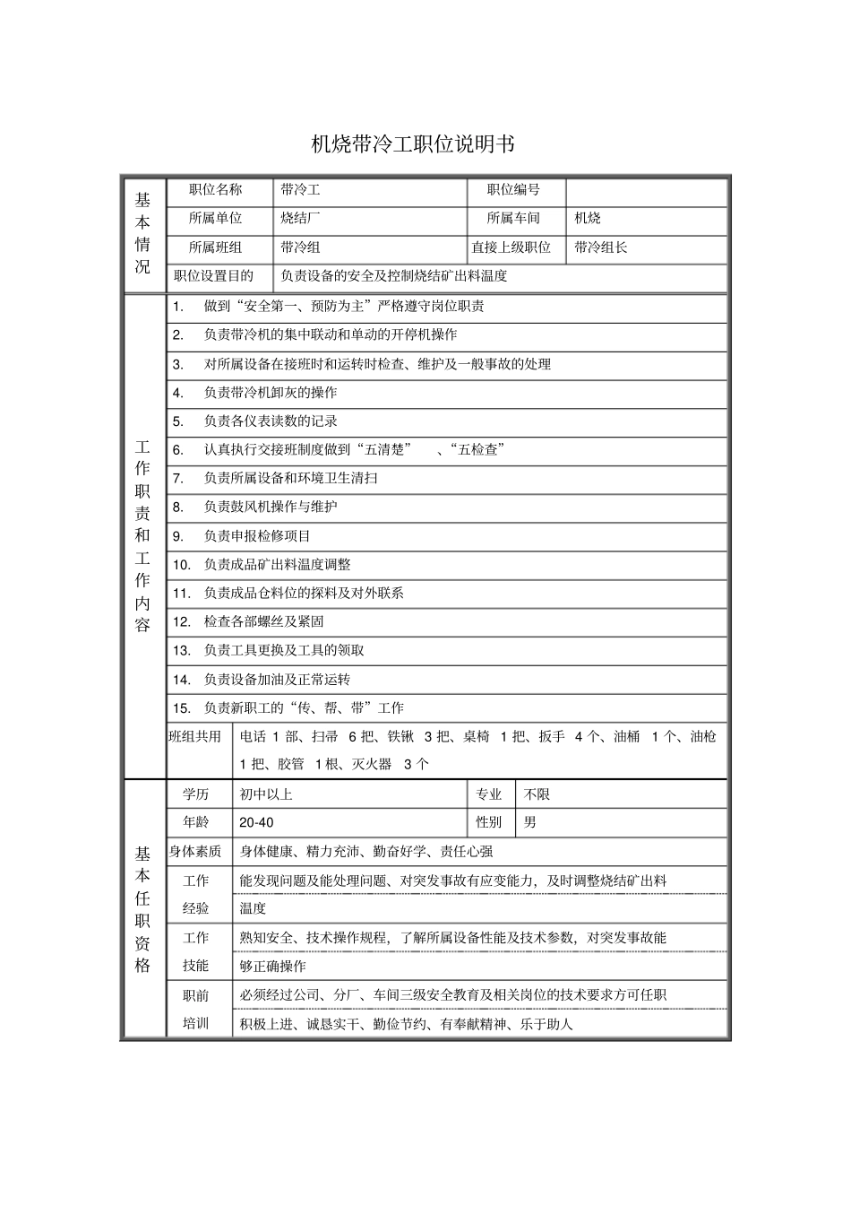 机烧带冷工职位说明书_第1页