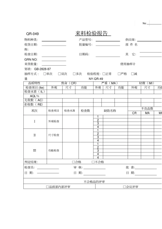 来货检验报告表格格式