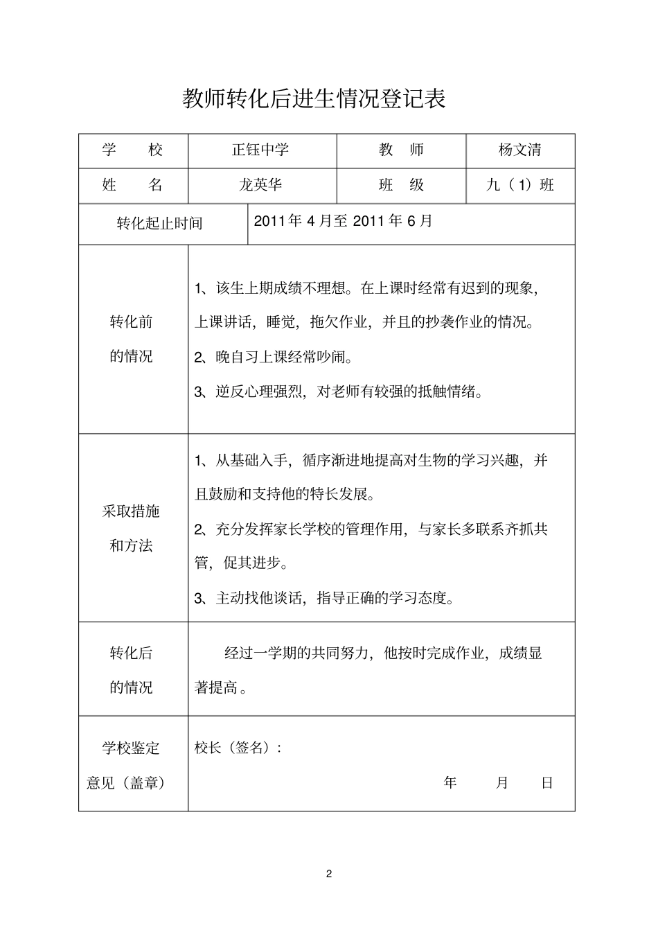 杨文清教师转化后进生情况登记表_第2页