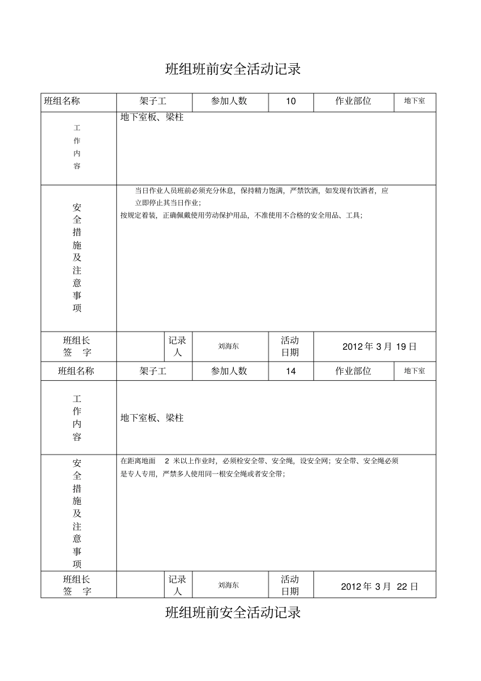 架子班组班前安全活动记录_第1页