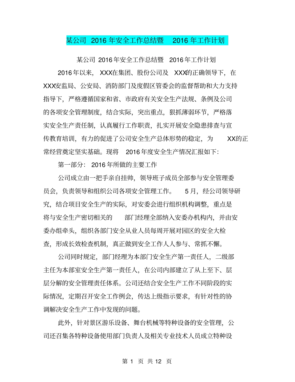 某公司2016年安全工作总结暨2016年工作计划【可编辑版】_第1页