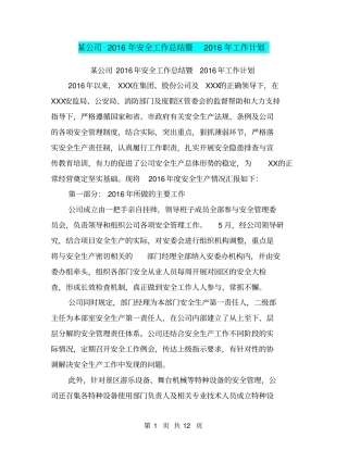 某公司2016年安全工作总结暨2016年工作计划【可编辑版】