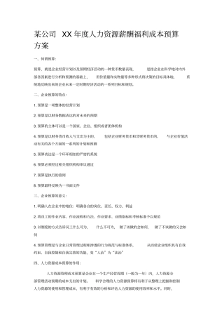 某公司年人力资源薪酬福利成本预算方案