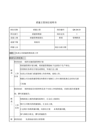 某公司质量管理部质量主管岗位说明书