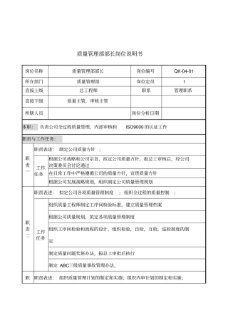 某公司质量管理部部长岗位说明书