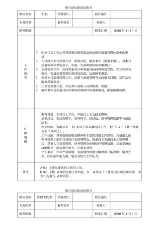 某商业银行全员岗位职责说明书