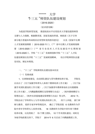 某大学十三五师资队伍建设规划