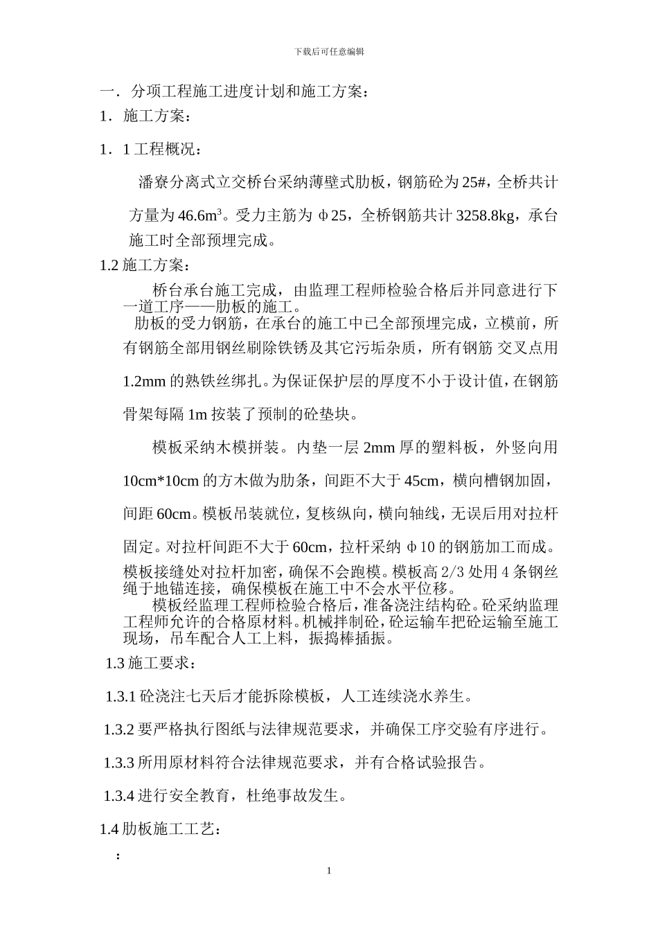 潘寮分离式立交桥肋板施工方案_第1页