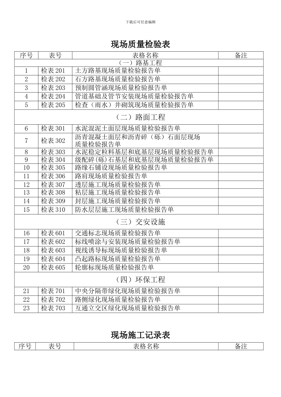 现场质量检验表、施工记录表目录_第1页